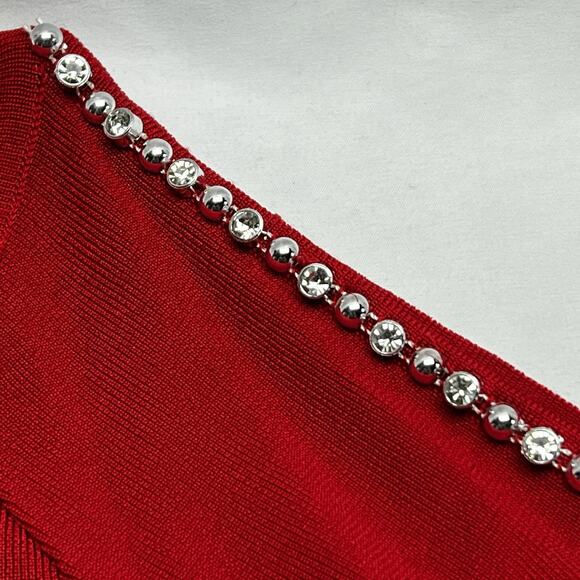 INC Red Knit Sweater Rhinestones & Beads Down Cold Shoulder Sleeve Size PM - Picture 4 of 9
